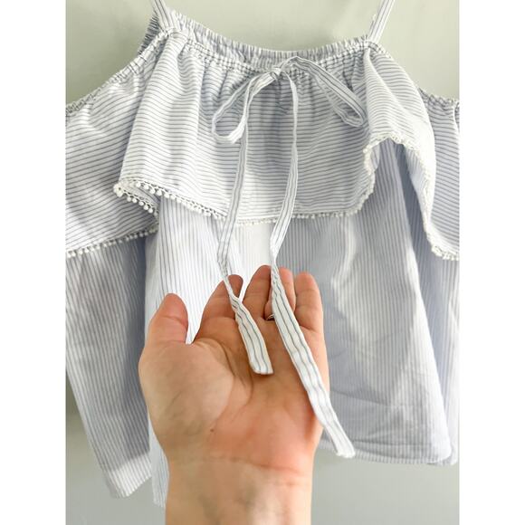 Johnathan Simkhai | Stripe Off the Shoulder Pom Pom Top | Blue White | S - Picture 6 of 11